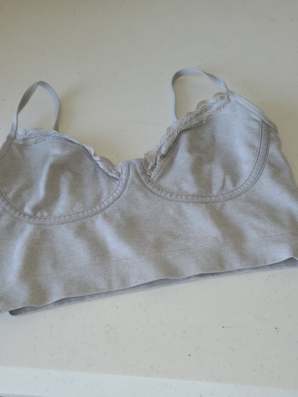 Ribbed Lace-Trim Wireless Bralette - Light Gray